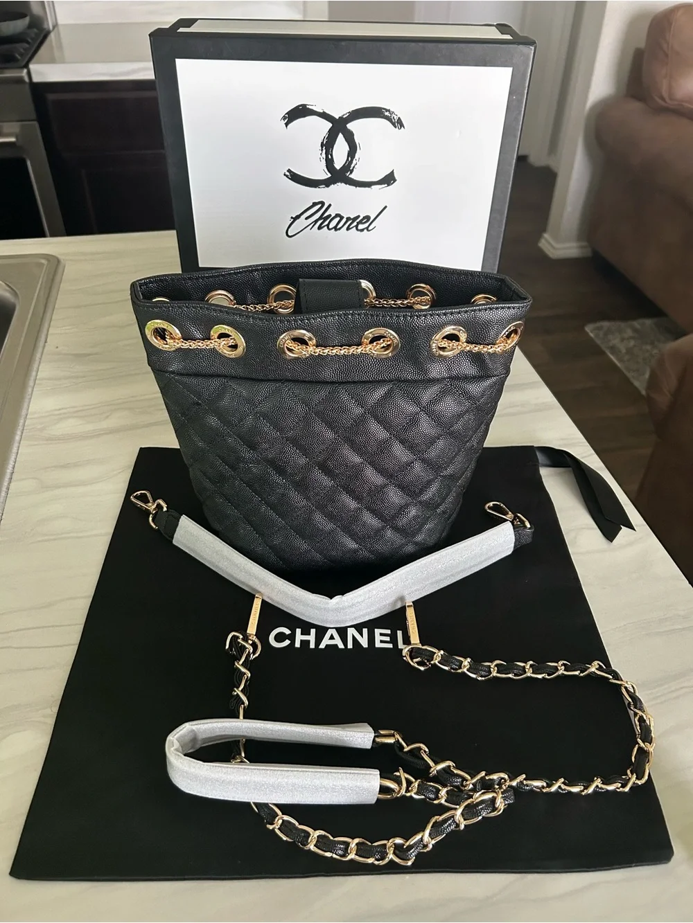 CHANEL Black Quilted Drawstring Bucket Bag with Gold Hardware VIP GWP - Picture 2 of 14